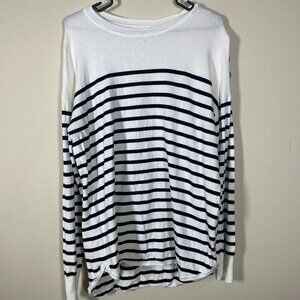 Marled Women's Long Sleeve Cream & Black Stripe Button Detail Top L Rayon